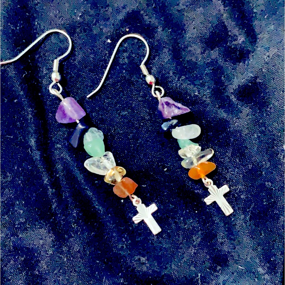 SO_Pretty Chakras Natural Crystal Earrings+Cross Charm Dangle Earrings